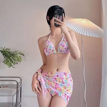 Set bikini două piese cu halter, cu cupe căptușite, poliester, imprimeu cu flori rupte