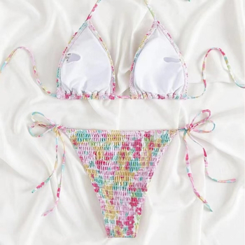 Set bikini două piese cu halter, cu cupe căptușite, poliester, imprimeu cu flori rupte