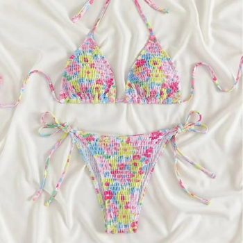 Set bikini două piese cu halter, cu cupe căptușite, poliester, imprimeu cu flori rupte