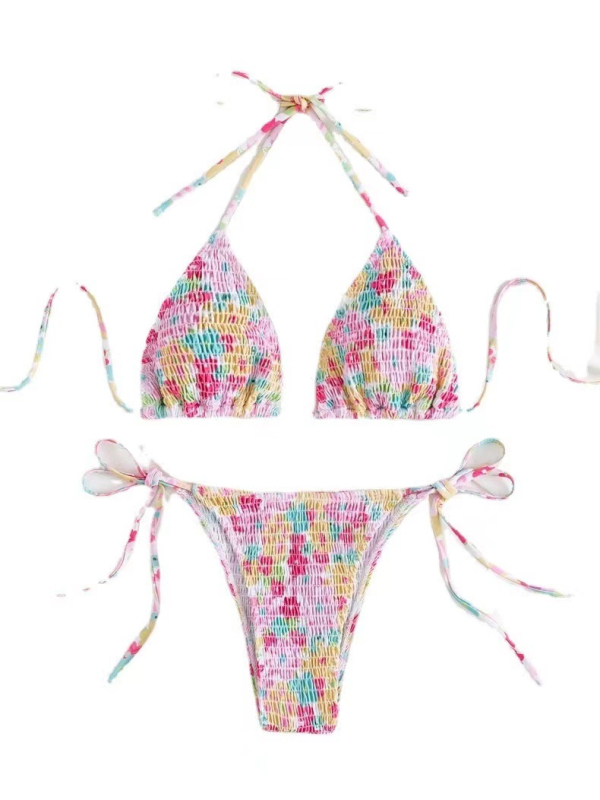 Set bikini două piese cu halter, cu cupe căptușite, poliester, imprimeu cu flori rupte