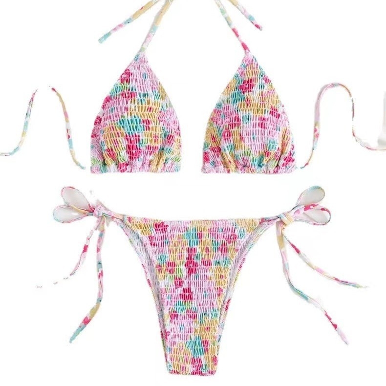 Set bikini două piese cu halter, cu cupe căptușite, poliester, imprimeu cu flori rupte