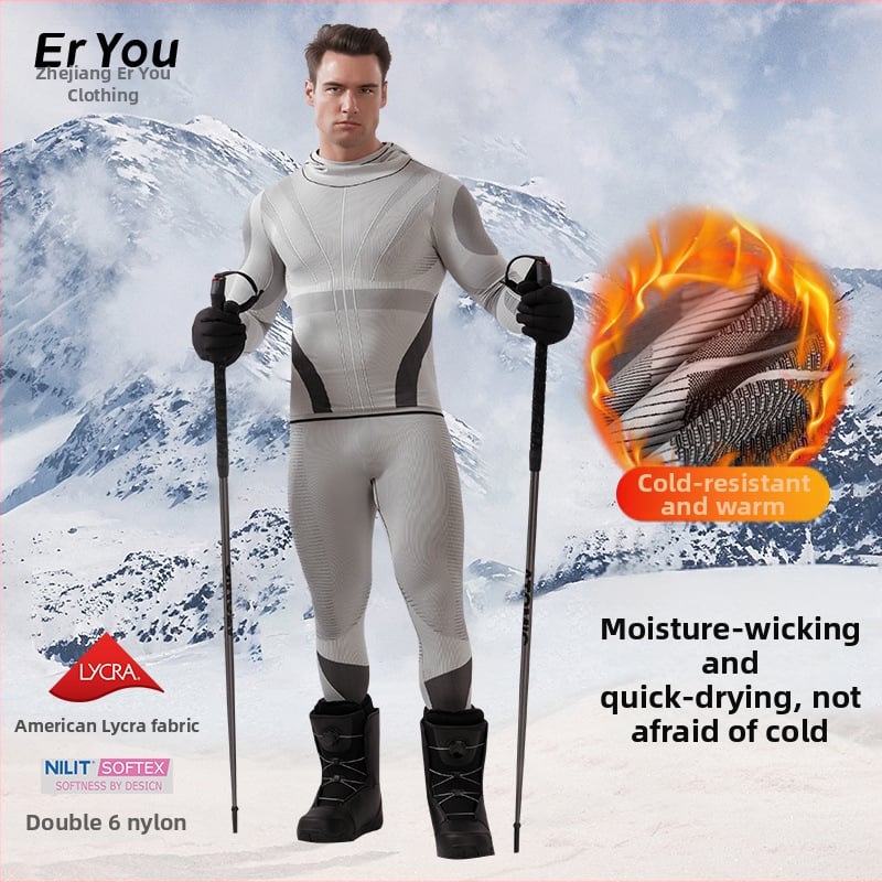 Set de ski cu glugă – top și pantaloni din Lycra, uscare rapidă și eliminarea umezelii, model cu dungi, unisex, pentru iarnă-primăvară-toamnă