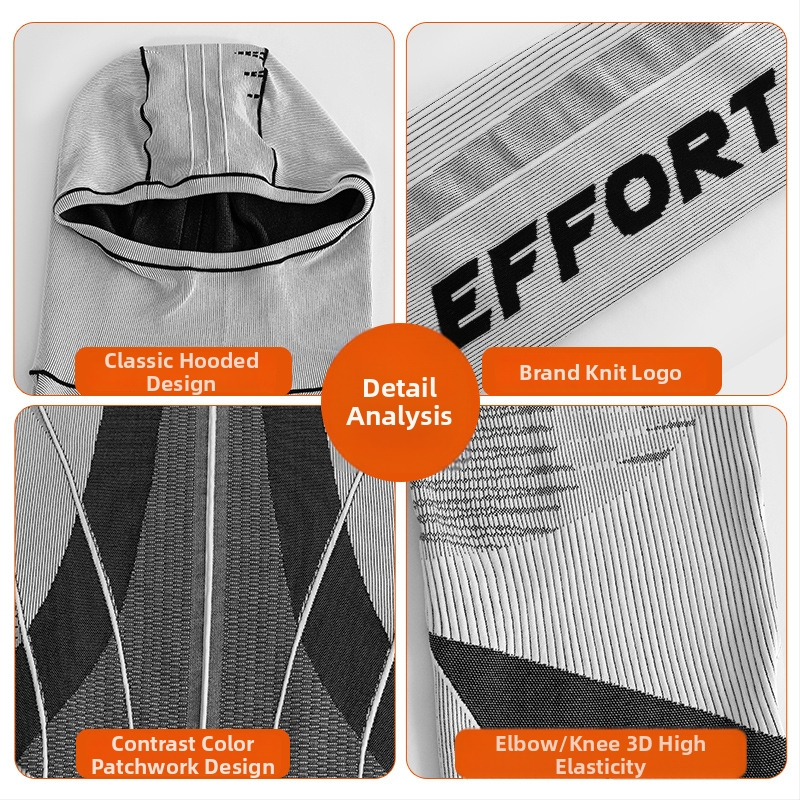 Set de ski cu glugă – top și pantaloni din Lycra, uscare rapidă și eliminarea umezelii, model cu dungi, unisex, pentru iarnă-primăvară-toamnă