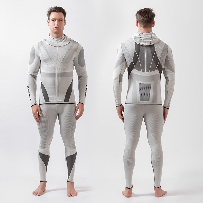 Set de ski cu glugă – top și pantaloni din Lycra, uscare rapidă și eliminarea umezelii, model cu dungi, unisex, pentru iarnă-primăvară-toamnă