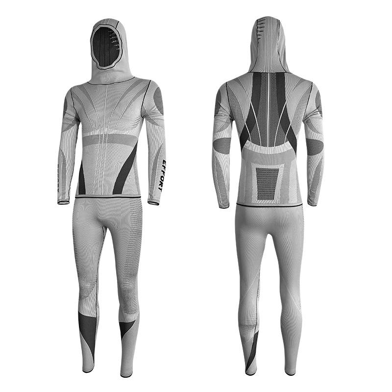 Set de ski cu glugă – top și pantaloni din Lycra, uscare rapidă și eliminarea umezelii, model cu dungi, unisex, pentru iarnă-primăvară-toamnă