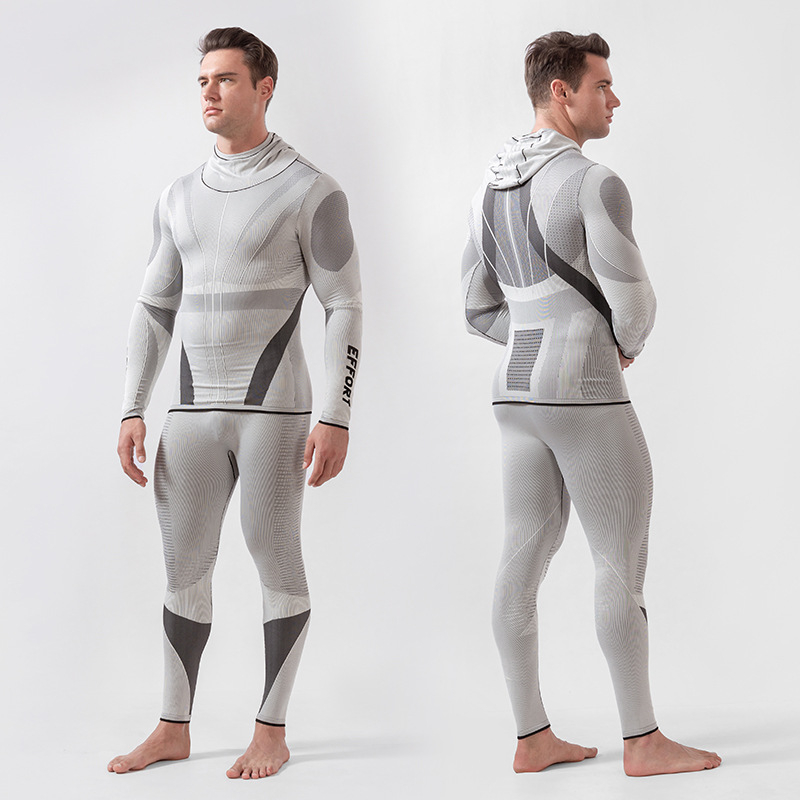Set de ski cu glugă – top și pantaloni din Lycra, uscare rapidă și eliminarea umezelii, model cu dungi, unisex, pentru iarnă-primăvară-toamnă