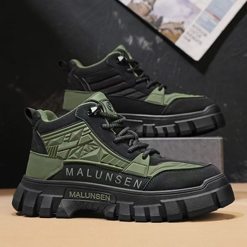 Férfiaknak készült magas munkacipő, PU felsőrésszel, gumitalppal, kerek orr, alacsony sarok, középmagas szár