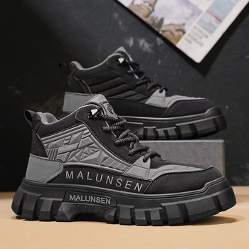 Férfiaknak készült magas munkacipő, PU felsőrésszel, gumitalppal, kerek orr, alacsony sarok, középmagas szár