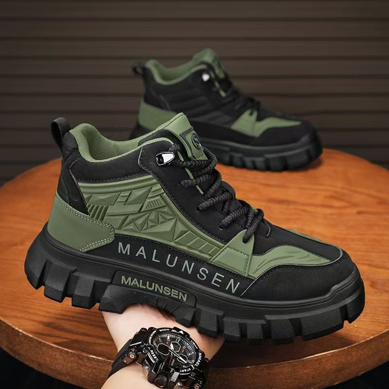 Férfiaknak készült magas munkacipő, PU felsőrésszel, gumitalppal, kerek orr, alacsony sarok, középmagas szár