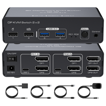 KVM prekidač SW623 — 2 DP video ulaza, 2 USB ulaza, 1 DP izlaz s 4 USB 3.0 hub portovima, do 8K/60 Hz, Windows kompatibilan