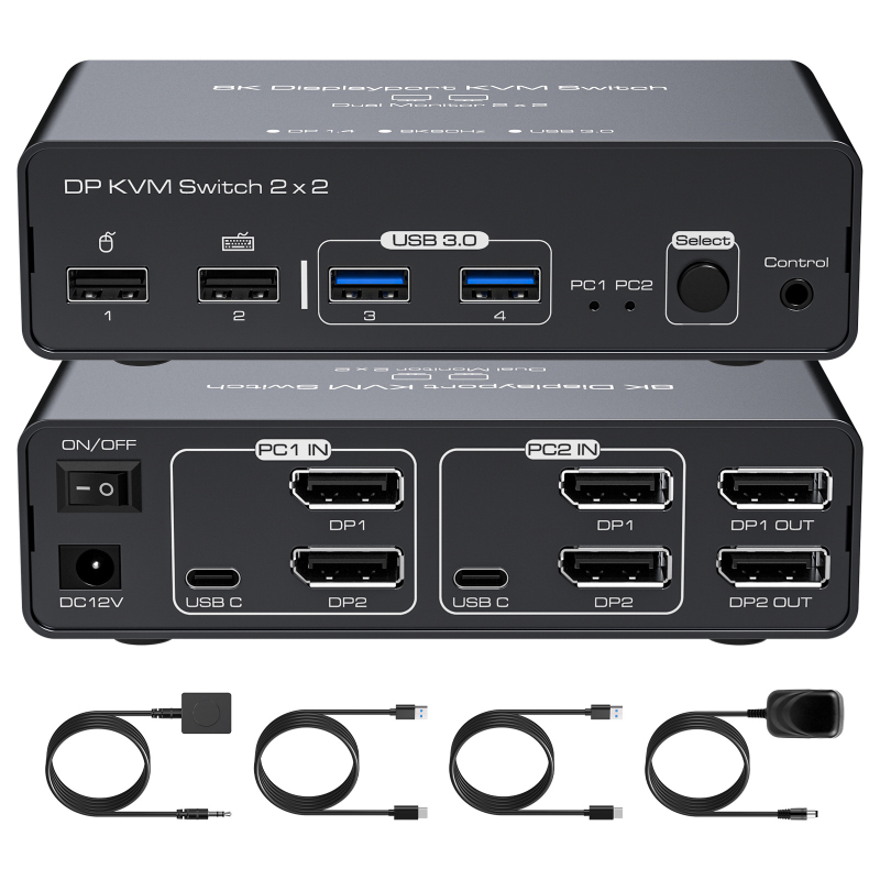 KVM prekidač SW623 — 2 DP video ulaza, 2 USB ulaza, 1 DP izlaz s 4 USB 3.0 hub portovima, do 8K/60 Hz, Windows kompatibilan