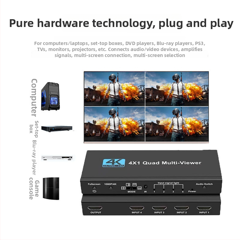 Ou Zheng Sw41pro HDMI 4x1 splitter za ekran s glatkim prebacivanjem, 4K 3840x2160, daljinski upravljač, upravljanje napajanjem, 5 m kabel