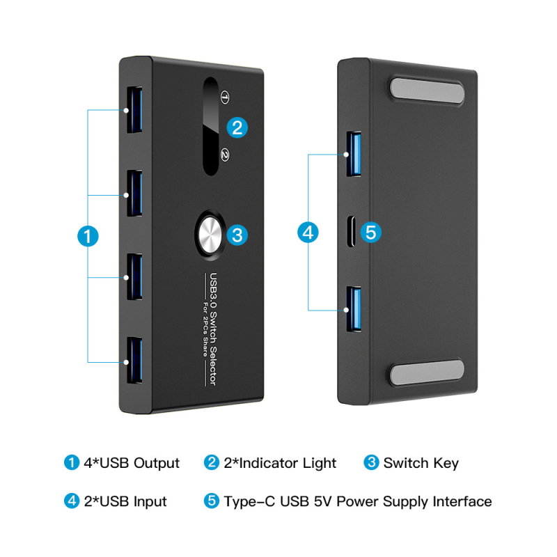 USB 3.0 KVM prekidač, 2 ulaza / 4 izlaza za pisač, miš i tipkovnicu, 1,5 m kabel, kompatibilan s Windows i Mac OS