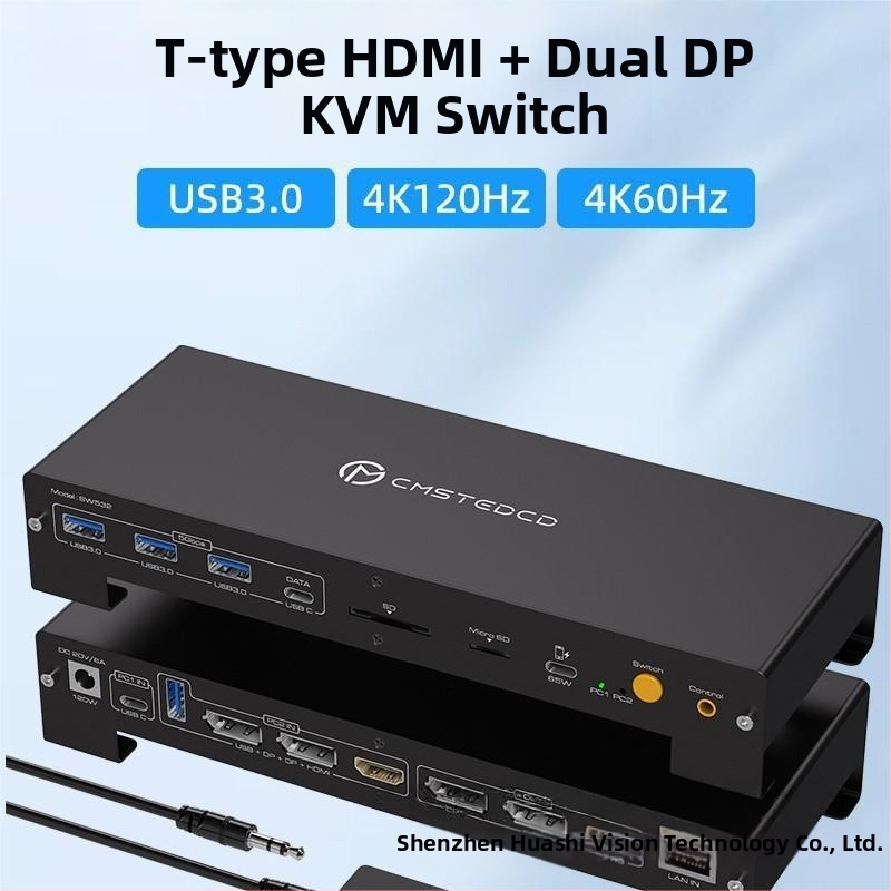 KVM prepínač s USB-C, HDMI a dvojitými DP vstupmi (4K@120Hz; 100W Power Delivery; HDMI výstup + 2x DP výstupy)