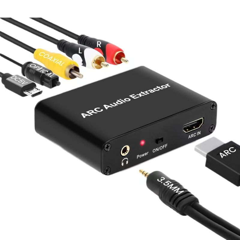 Adapator HDMI pentru retur audio cu ARC, alimentare USB, cablu de 0.8 m, ieșiri audio prin fibră optică și coaxială, jack pentru căști 3,5 mm