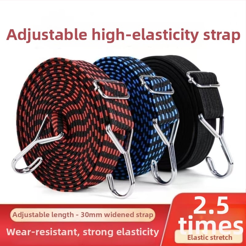 Elastický upínací pás s háčikmi na batožinu a nosič motocyklov, latexové jadro + polypropylén, vonkajšie použitie, nastaviteľný.