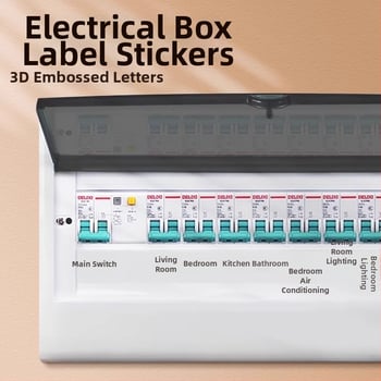 Етикет за идентификация на кутия за измервателни уреди — за главен превключвател и контакти, пластмасов материал, модерен минималистичен стил, за търговски и домашни пространства