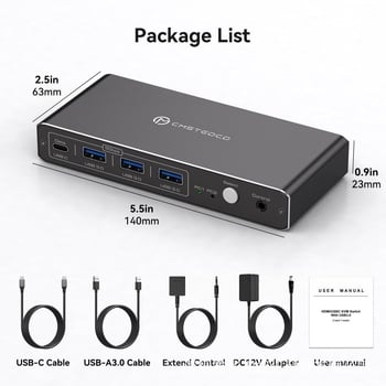 KVM prekidač s 1× USB-C Thunderbolt i 1× HDMI 2.0 ulaz, 4K@60 Hz, 3× USB-A izlaza, 1× USB-C izlaz