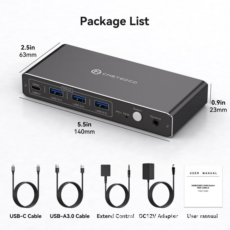 KVM prekidač s 1× USB-C Thunderbolt i 1× HDMI 2.0 ulaz, 4K@60 Hz, 3× USB-A izlaza, 1× USB-C izlaz