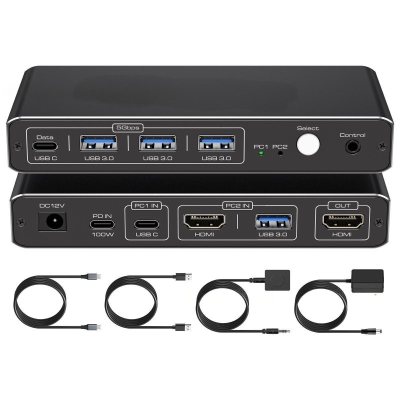 KVM prekidač s 1× USB-C Thunderbolt i 1× HDMI 2.0 ulaz, 4K@60 Hz, 3× USB-A izlaza, 1× USB-C izlaz