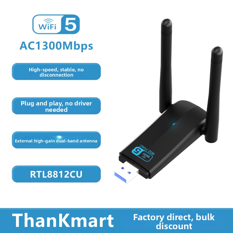 USB dvojpásmový bezdrôtový sieťový adaptér – 1300 Mbps, 2,4/5 GHz, USB rozhranie, podporuje 802.11ac/a/b/g/n