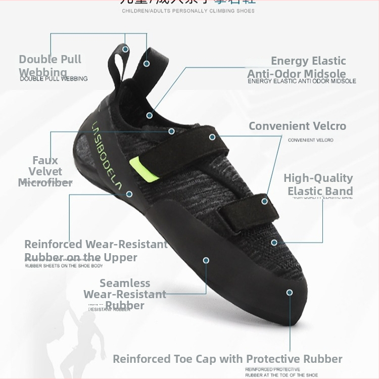 Lezecké topánky na suchý zips, unisex, pre vnútorné lezenie; podrážka z prírodnej gumy; nízky horný diel; špičatý tvar špičky; vršok: guma + semišové mikrovlákno