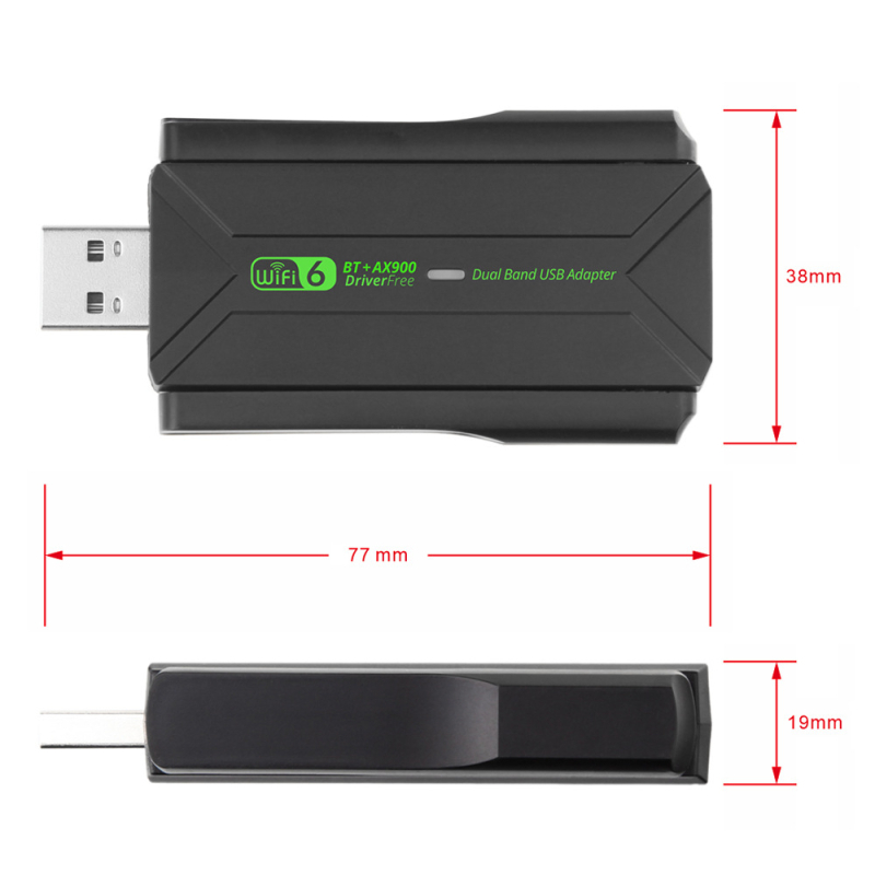 WiFi 6 USB bezdrôtová sieťová karta s Bluetooth 5.4 – 900 Mbps, USB rozhranie, dvojpásmová 2,4/5,8 GHz, IEEE 802.11ax/ac/a/b/n/g, čip AIC8800M80