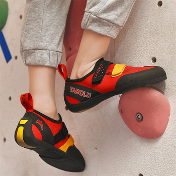 Παιδικά παπούτσια αναρρίχησης με κούμπωμα, επάνω μέρος από υπερίνες, εξωτερική σόλα από καουτσούκ, μεσαία σόλα από καουτσούκ, εσωτερική επένδυση από δίχτυ