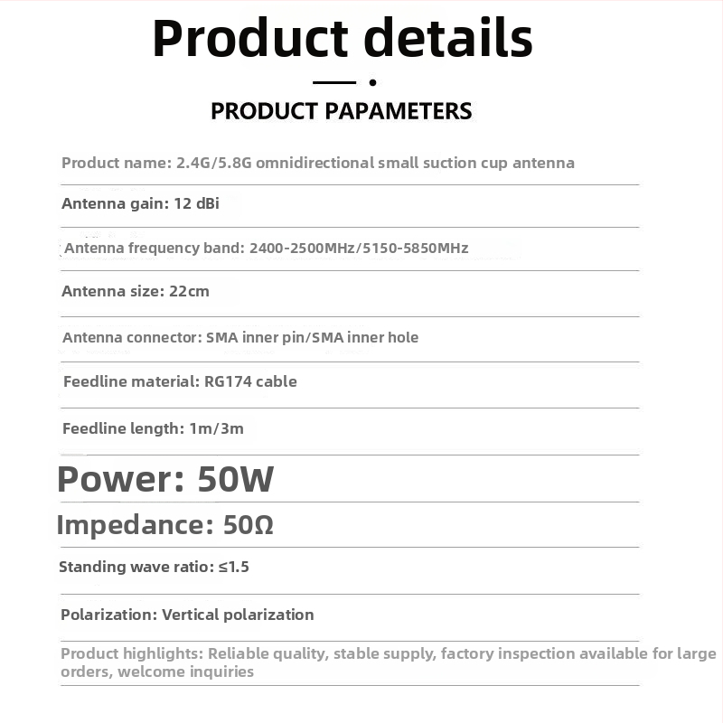 Externá anténa dual‑band pre Wi‑Fi router, rozsah 2.4–5.8 GHz, zisk 12 dBi, 50 Ω, SMA konektor