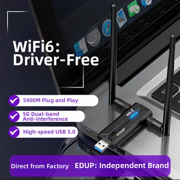 EDUP USB Wi‑Fi 6 karta, 5374M, trojpásmová, podpora 6 GHz, externá anténa pre príjem AP
