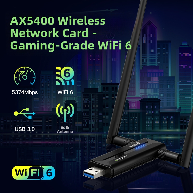 EDUP USB Wi‑Fi 6 karta, 5374M, trojpásmová, podpora 6 GHz, externá anténa pre príjem AP