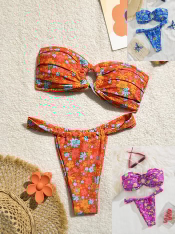 Kétrészes bikini szett - virágmintás, hátrész nélküli, mellkas párnával, magas rugalmasság, ujj nélküli; poliészter 82% és spandex bélés, 137 g