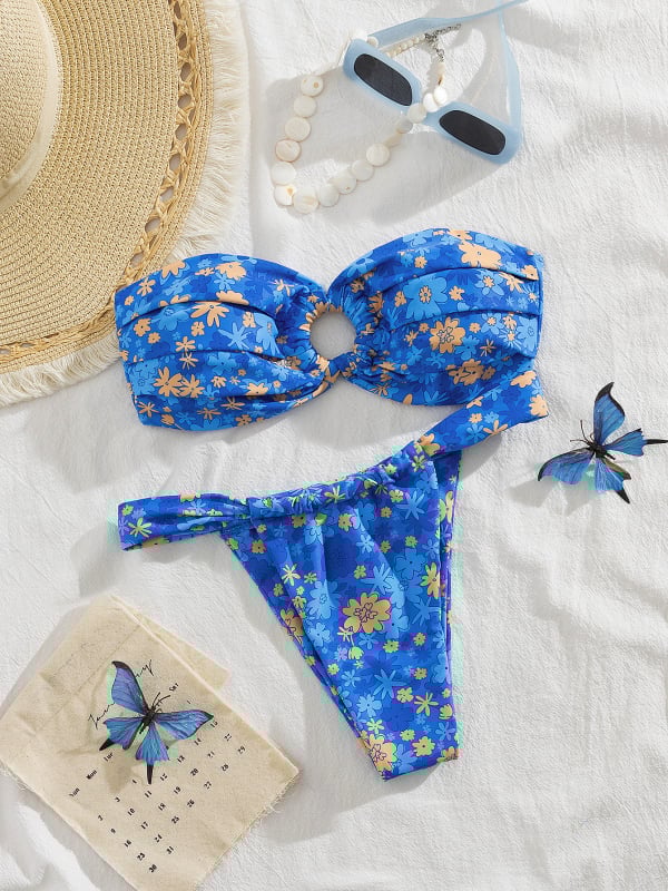 Kétrészes bikini szett - virágmintás, hátrész nélküli, mellkas párnával, magas rugalmasság, ujj nélküli; poliészter 82% és spandex bélés, 137 g