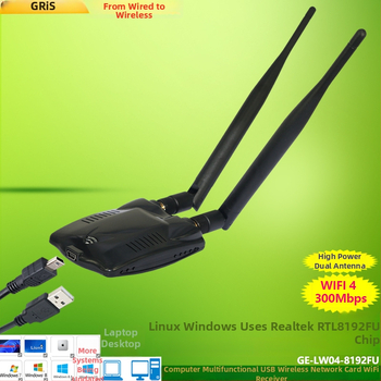 GRIS GE-LW04-8192FU Cardă de rețea wireless USB 2.0 cu antenă duală, 300 Mbps, 2.4 GHz, IEEE 802.11b/g/n
