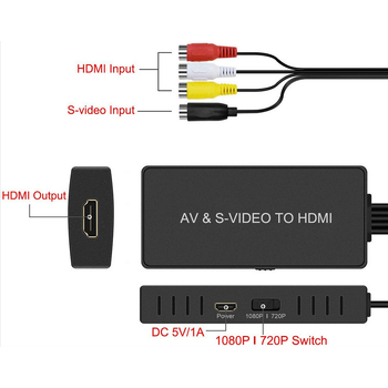 AV/S-Video na HDMI konverter — HDMI izlaz 1080P, AV i S-Video ulazi, podrška upravljanja napajanjem, daljinsko buđenje nije podržano