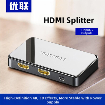 HDMI splitter: 1 vstup, 2 výstupy; 4K podpora; dosah prenosu 20 m; napájanie 5V/1A; model 0103