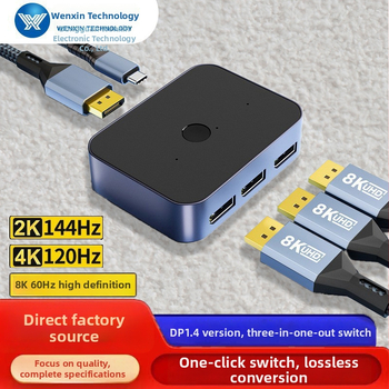 DP videókapcsoló, 4K 144 Hz, DP 1-in 3-out, 5 m átviteli távolság, 32,4 Gbps sávszélesség, 5V tápegység