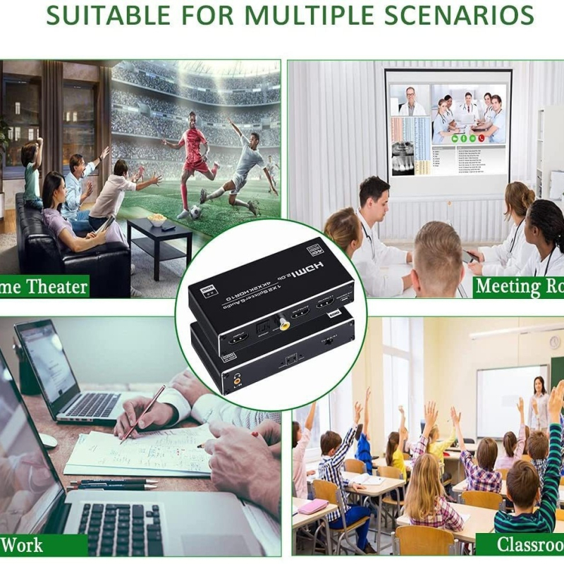 HDMI osztó 1 bemenet, 2 kimenet, optikai szál támogatás, 3,5 mm hang, 4K60Hz HDR