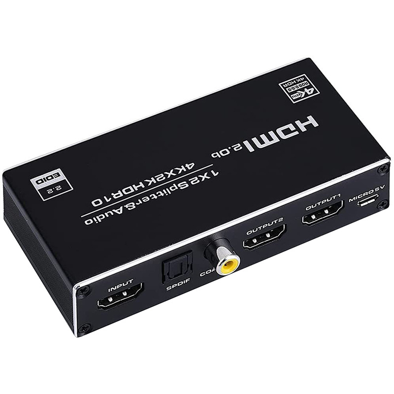 HDMI osztó 1 bemenet, 2 kimenet, optikai szál támogatás, 3,5 mm hang, 4K60Hz HDR