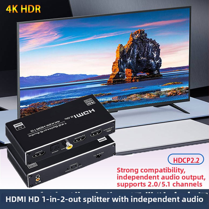 HDMI rozdeľovač s 1 vstupom a 2 výstupmi, podpora optického vlákna, 3,5 mm zvuk, 4K60Hz HDR