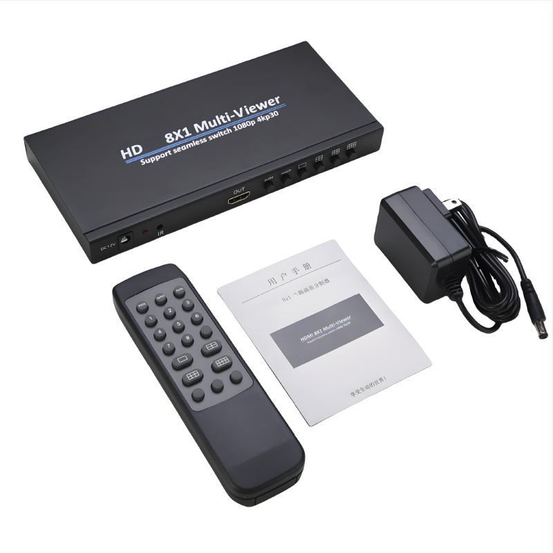 HDMI 8x1 delič pre osem obrazoviek NK-818, 1080P/4K30, HDMI vstup/výstup, napájanie 12V1A, 12W, pre monitorovanie bezpečnosti