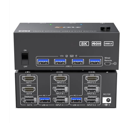 KCEVE KC-KVM203DH-2 KVM prekidač s 2 ulaza i 3 izlaza — USB 3.0, HDMI/DP, HDMI 8K60Hz/4K60Hz, DP 8K30Hz/4K144Hz