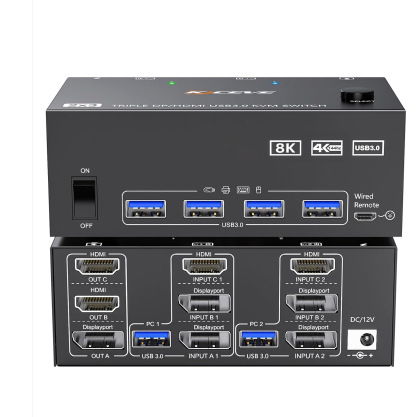 KCEVE KC-KVM203DH-2 KVM prekidač s 2 ulaza i 3 izlaza — USB 3.0, HDMI/DP, HDMI 8K60Hz/4K60Hz, DP 8K30Hz/4K144Hz