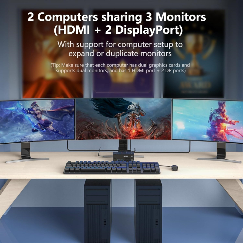 KCEVE KC-KVM203DH-2 KVM prekidač s 2 ulaza i 3 izlaza — USB 3.0, HDMI/DP, HDMI 8K60Hz/4K60Hz, DP 8K30Hz/4K144Hz