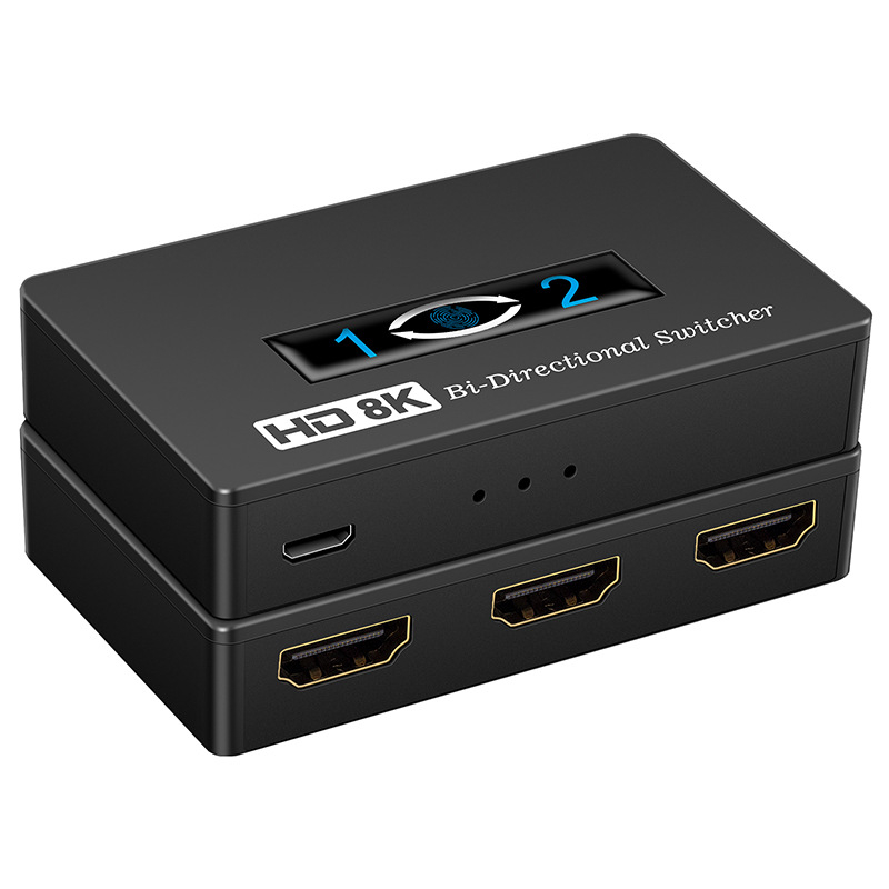 8K60Hz HDMI kapcsoló, modell tq121, 2x1/1x2 bemenet-kimenet konfiguráció, érintéses vezérlés, USB tápegység mellékelve