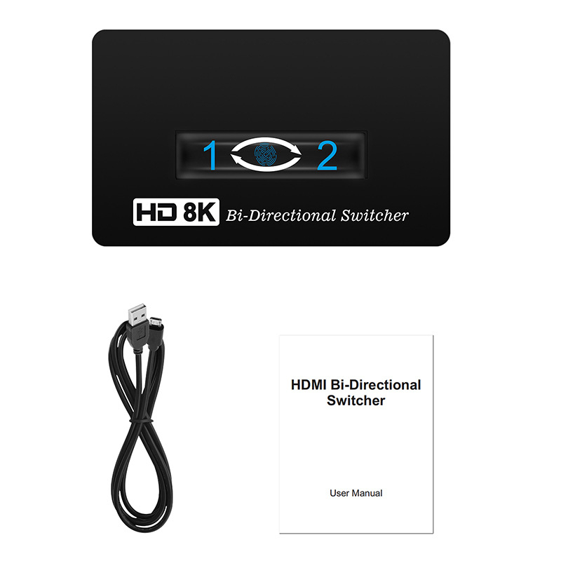 8K60Hz HDMI kapcsoló, modell tq121, 2x1/1x2 bemenet-kimenet konfiguráció, érintéses vezérlés, USB tápegység mellékelve