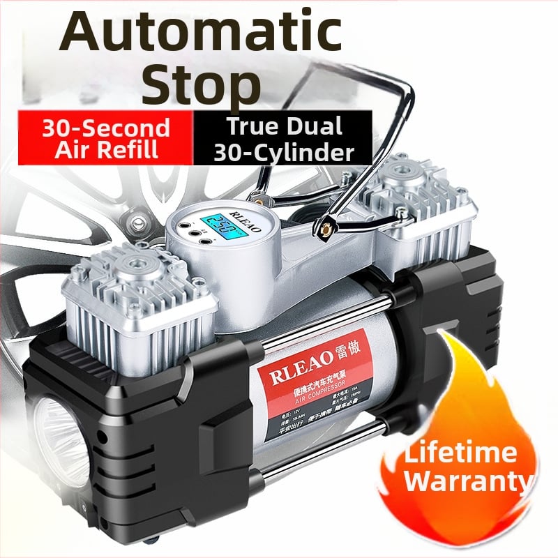 Двуцилиндров автомобилен помпа за гуми, 12V, 180W, 70 л/мин, над 20 мин непрекъсната работа, цифров дисплей