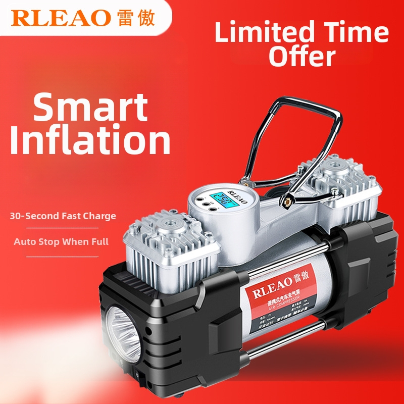 Двуцилиндров автомобилен помпа за гуми, 12V, 180W, 70 л/мин, над 20 мин непрекъсната работа, цифров дисплей