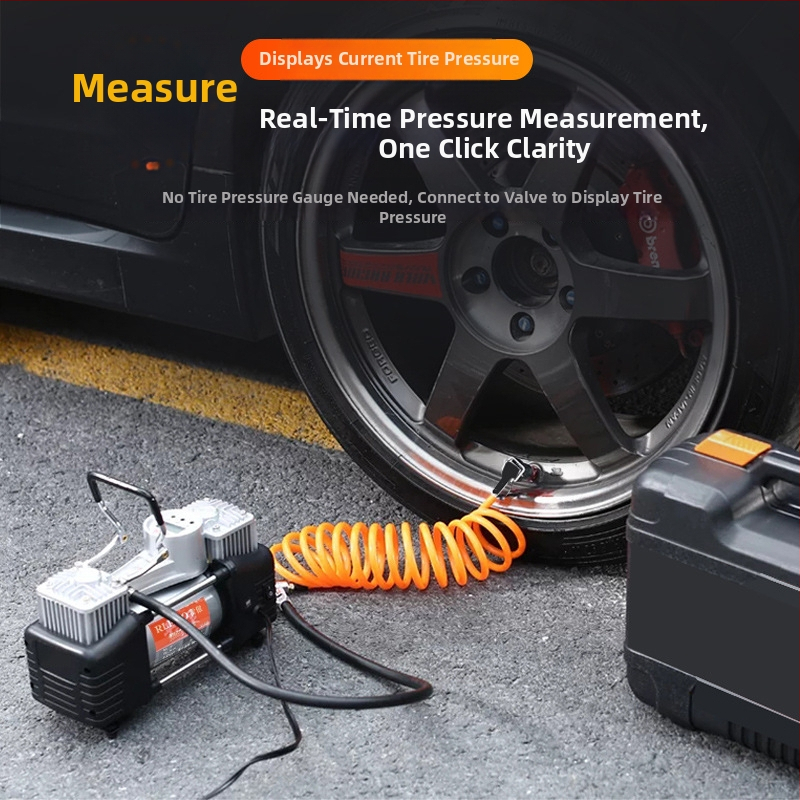 Двуцилиндров автомобилен помпа за гуми, 12V, 180W, 70 л/мин, над 20 мин непрекъсната работа, цифров дисплей