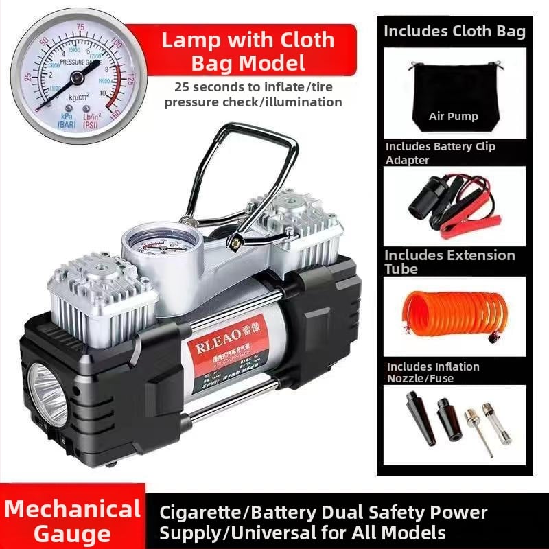 Двуцилиндров автомобилен помпа за гуми, 12V, 180W, 70 л/мин, над 20 мин непрекъсната работа, цифров дисплей